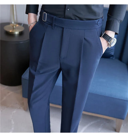 2026 Texture Naples Men's Solid Color Casual Pants Fashion Belt Design Slim Fit Suit Pants Formal Wear Wedding Social Trousers