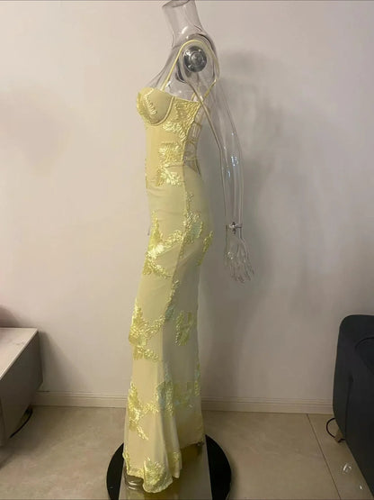 Backless Mermaid Dress Women Formal Occasion Elegant Lace Up Dress Mesh Embroidery Evening Party Dress
