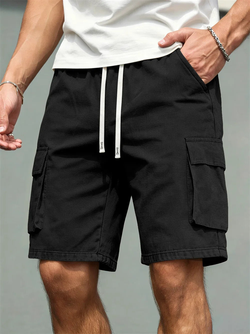 Men's Loose Polyester Straight-Leg Pants, Casual Multi-Pocket Work Shorts, High-End Men's Shorts, Drawstring Daily Work Shorts