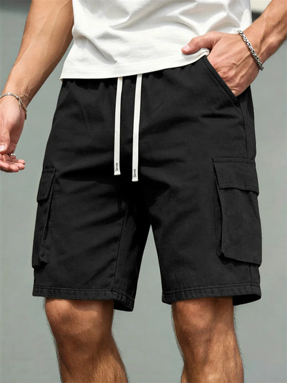 Men's Loose Polyester Straight-Leg Pants, Casual Multi-Pocket Work Shorts, High-End Men's Shorts, Drawstring Daily Work Shorts