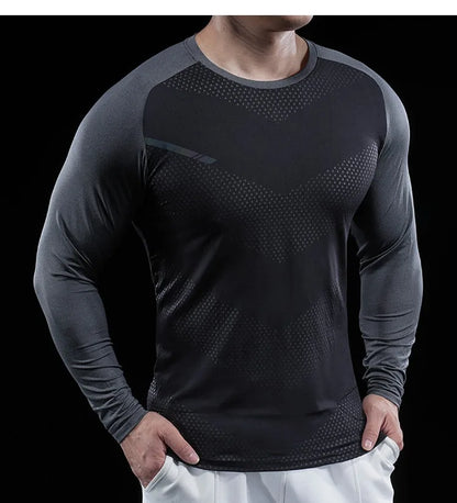 Autumn Winter Men Gym Fitness Display Long Sleeve T-Shirt Crew Neck Elastic Moisture Wicking Tights Running Training Bottom Top