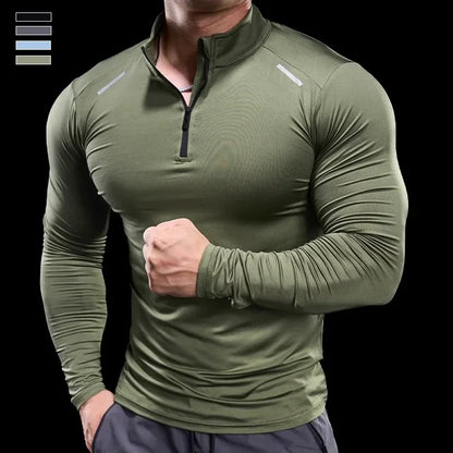 Men Long Sleeve Stand Collar Zipper T-shirt Gym Running Training Fitness Bodybuilding Sport Top Quality Elastic Tight Tops Tees