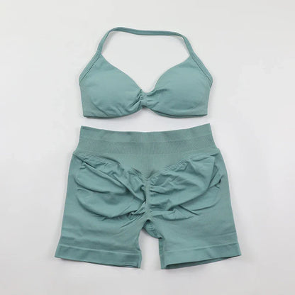 Scrunch Seamless Yoga Set Women Sportswear Ribbed Gym Shorts Strappy Sports Bra 2 Piece Set Halter Workout Clothes Fitness Suit