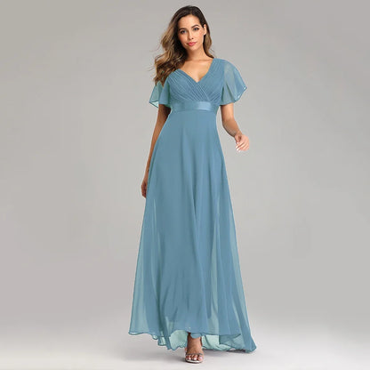 Evening Dresses Elegant V-Neck Ruffles Chiffon Formal Evening Gown  Robe Vestidos De Fiesta Dress for Wedding Party