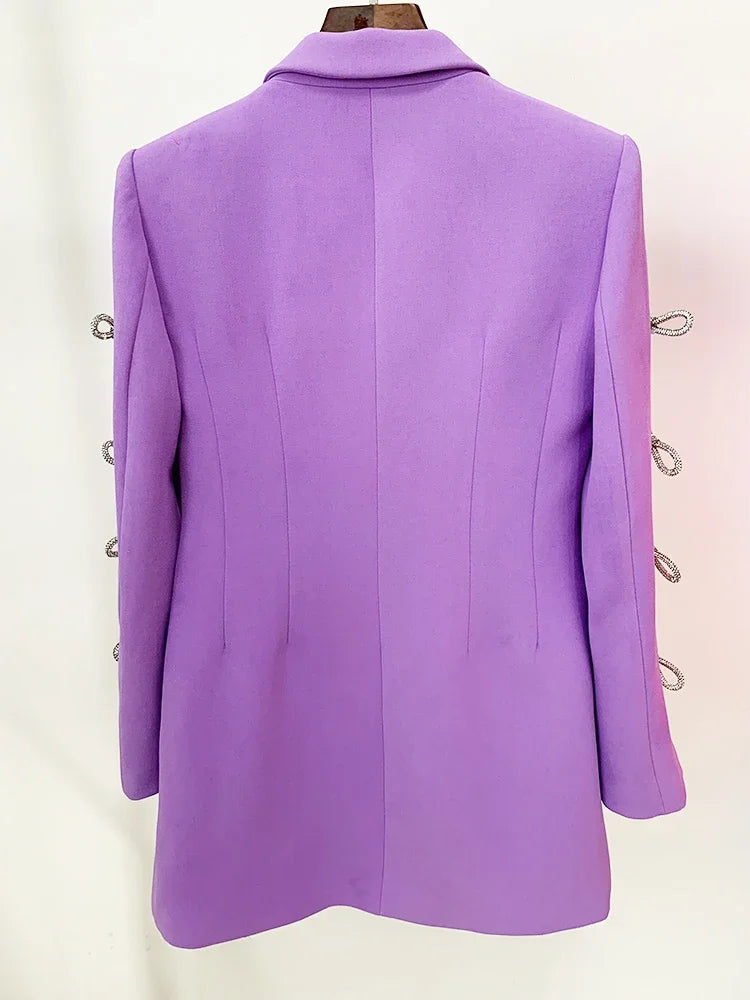 HIGH STREET Newest 2026 Designer Stylish Fashion Women's Pearls Chain Diamonds Beaded Hollow Out Bow Sleeve Blazer Dress