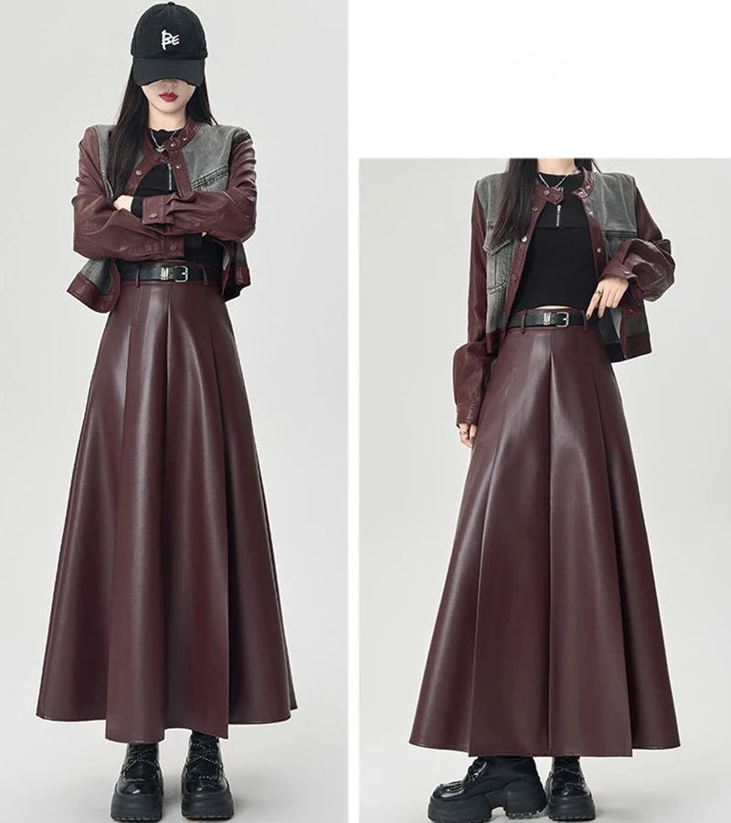 Vintage PU leather women midi skirts Y2K Autumn high waist Streetwear with belt pleated Skirt female elegant Solid A line skirts