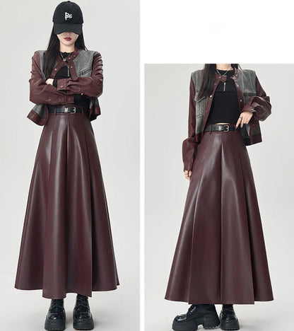 Vintage PU leather women midi skirts Y2K Autumn high waist Streetwear with belt pleated Skirt female elegant Solid A line skirts