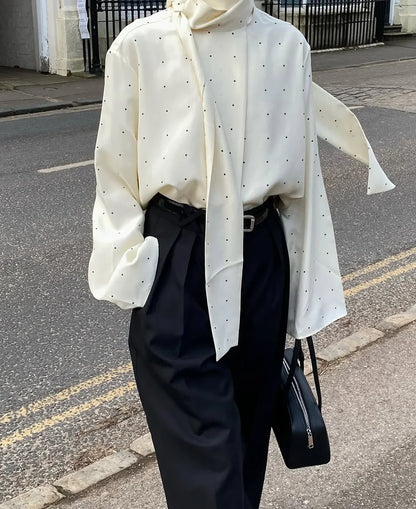 Polka Dot Printed Casual Shirt Women Satin Scarf Neck Elegant Long Sleeve Blouse 2026 New Autumn Lady Daily Street Chic Outwear