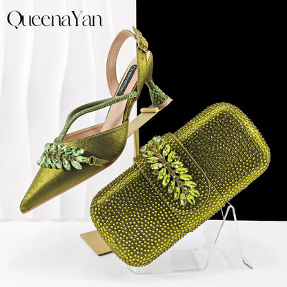 New Italian Pumps and Bag To Party 2026 INS Style Pointed Metalldekoration Rhinestone Elegant Olive Color High Heels  for Women