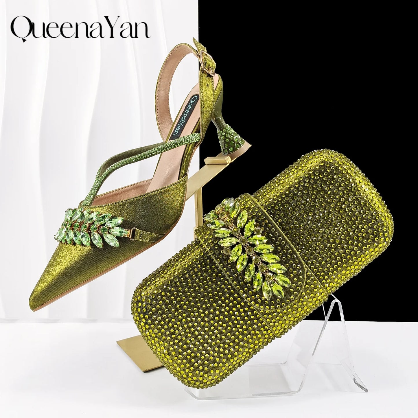 2026 New Shiny Italian Fashion Pointed Toe Women Heel Fashion Rhinestone Decoration Pink Color Shoes And Bag Set