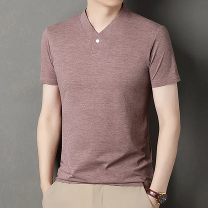 2026 Korean Style Men's Casual and Fashionable One Button V-neck Solid Color Short Sleeved T-shirt Summer Versatile Top