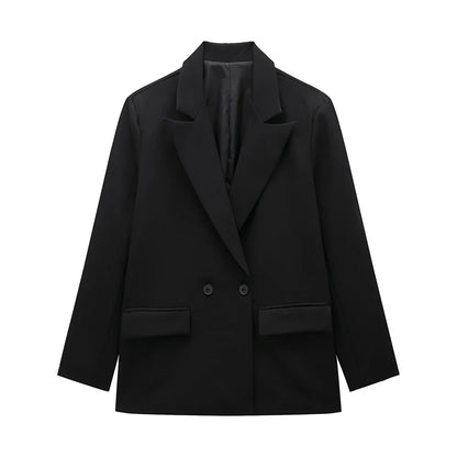 Women Fashion With Pockets Solid Double Breasted Blazer Vintage Long Sleeves Notched Neck Female Office Lady Outfits