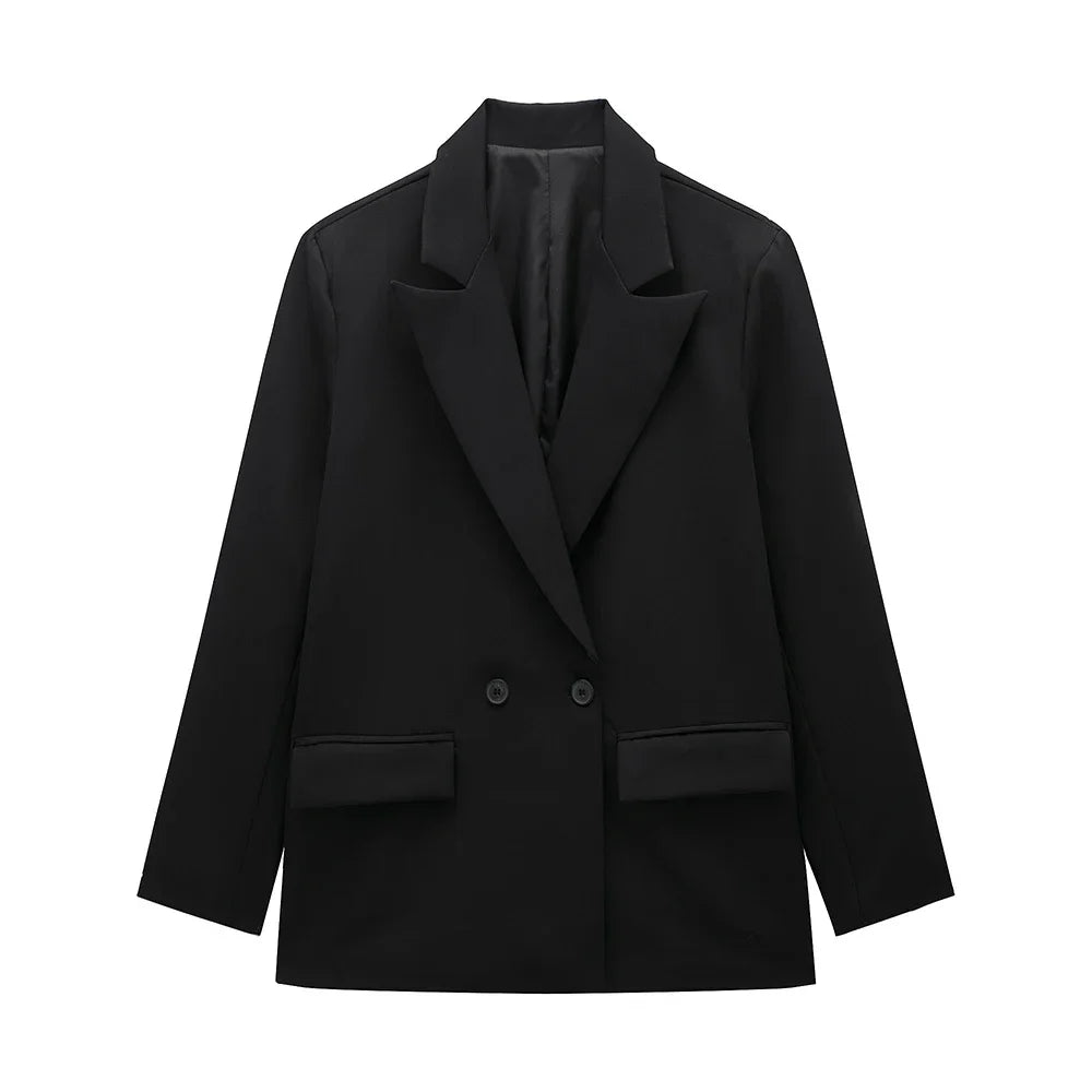 Women Fashion With Pockets Solid Double Breasted Blazer Vintage Long Sleeves Notched Neck Female Office Lady Outfits