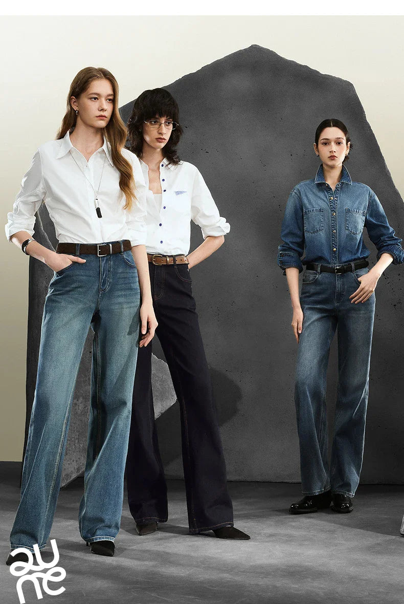 Women Denim Jeans 2025 Autumn New Lycra Stretch Straight Wide Leg Long pants