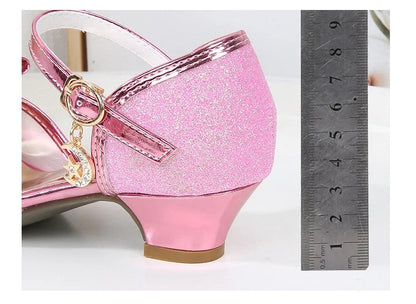 New Girl's High Heel Shoes for Kids Party Wedding Fashion Princess Causal Dress Shoes Sequins Versatile Children's Crown Sandals