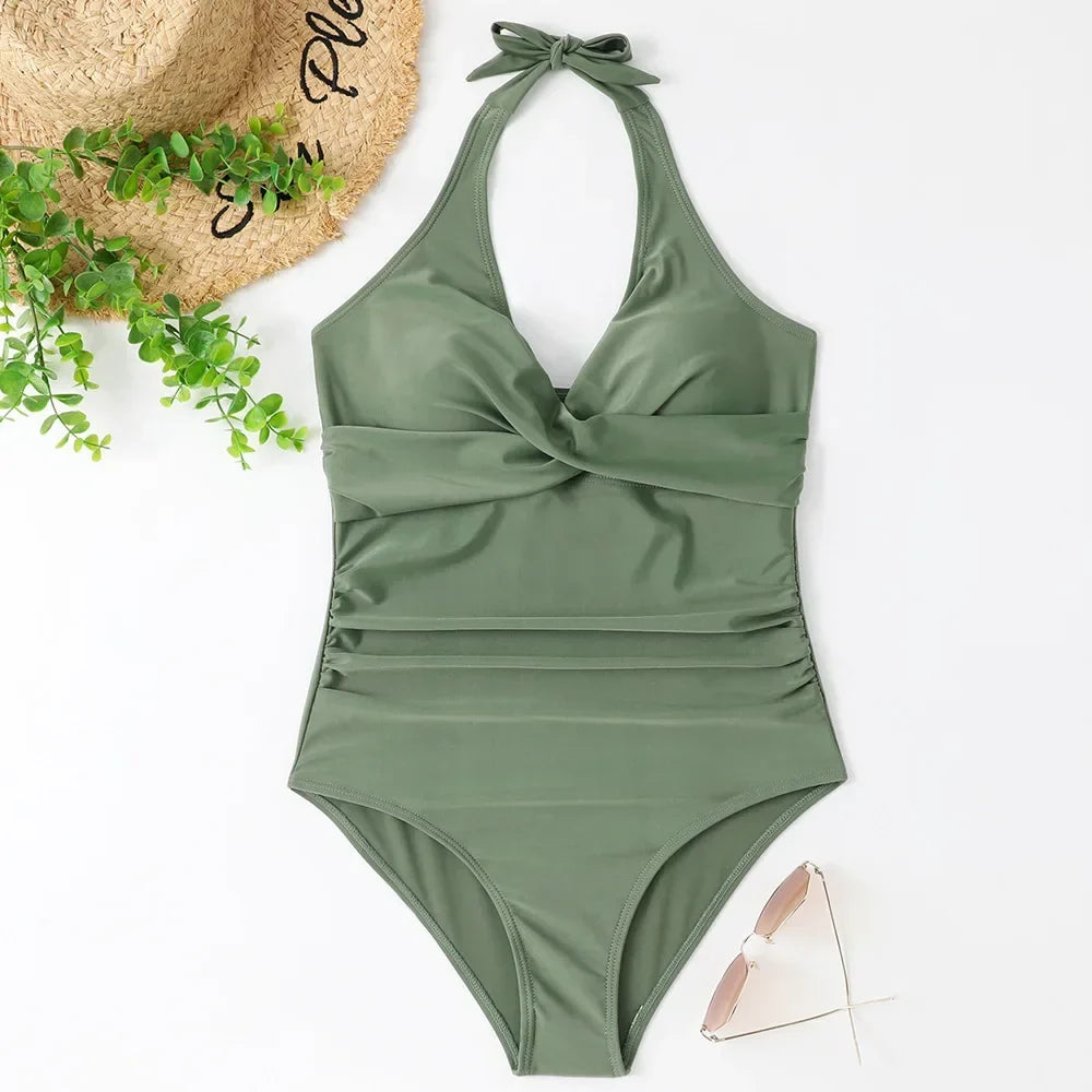 S - XXL Wrinkled Halter V Neck One Piece Swimsuit Women Swimwear Female Monokini Backless Bathing Suit Swim Beachwear Bodysuit