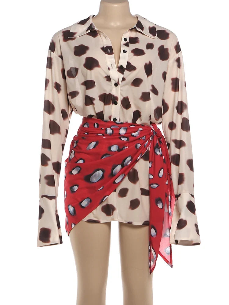 Music Festival Silk Scarf Strap Patchwork Dress Women Sexy Single-Breasted Full Sleeve Polka Dot Print Hottie Bodycon
