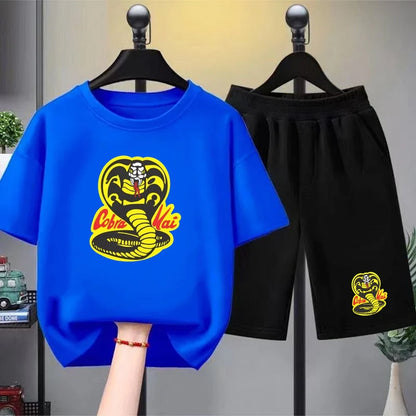 Summer T-Shirt + Shorts Anime Snake Print Boy Black Girl Sets T-Shirt Kids Tops Casual Tees Round Neck Short-Sleeved Top