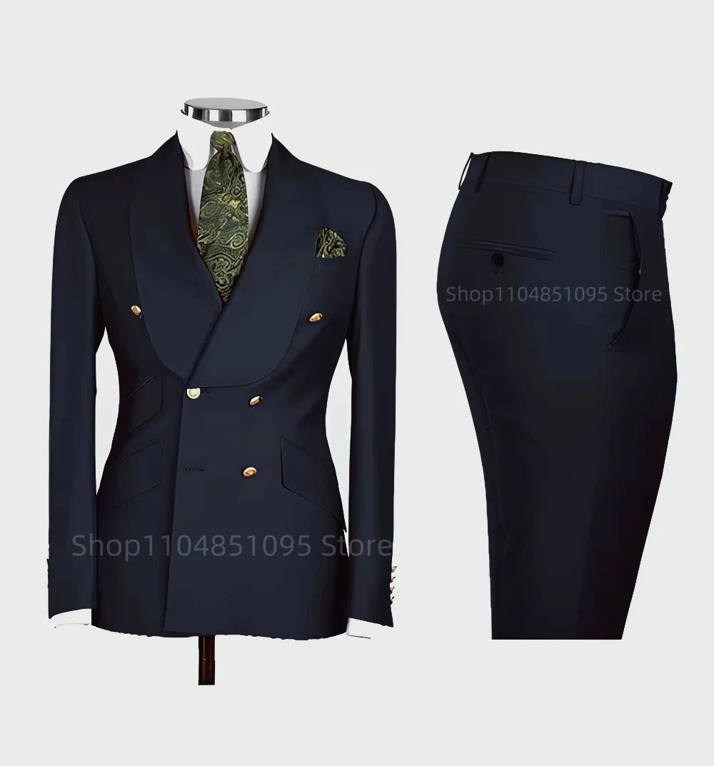 Smart Casual Solid 2 PCS Men Suits Formal Groom Tuxedos Shawl Lapel Double Breasted Jacket Pants Business/Wedding Suits Set