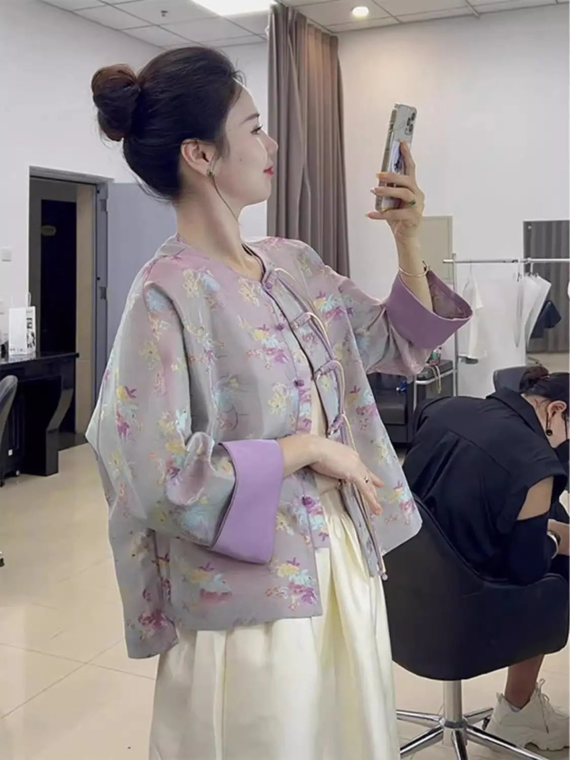 Print Top 2024 New Chinese Style Women's Purple Youth Edition Short Stand Collar Button Coat Women's Spring Autumn Style Elegant