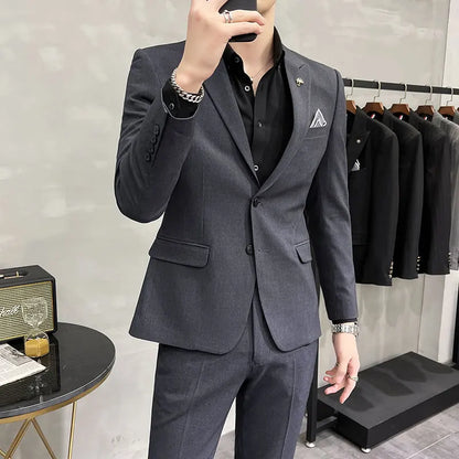 ( Blazer + Pants ) High End Brand Plaid Men's Casual Formal Office Business Suit Groom Wedding Dress Slim Suit Jacket Trousers