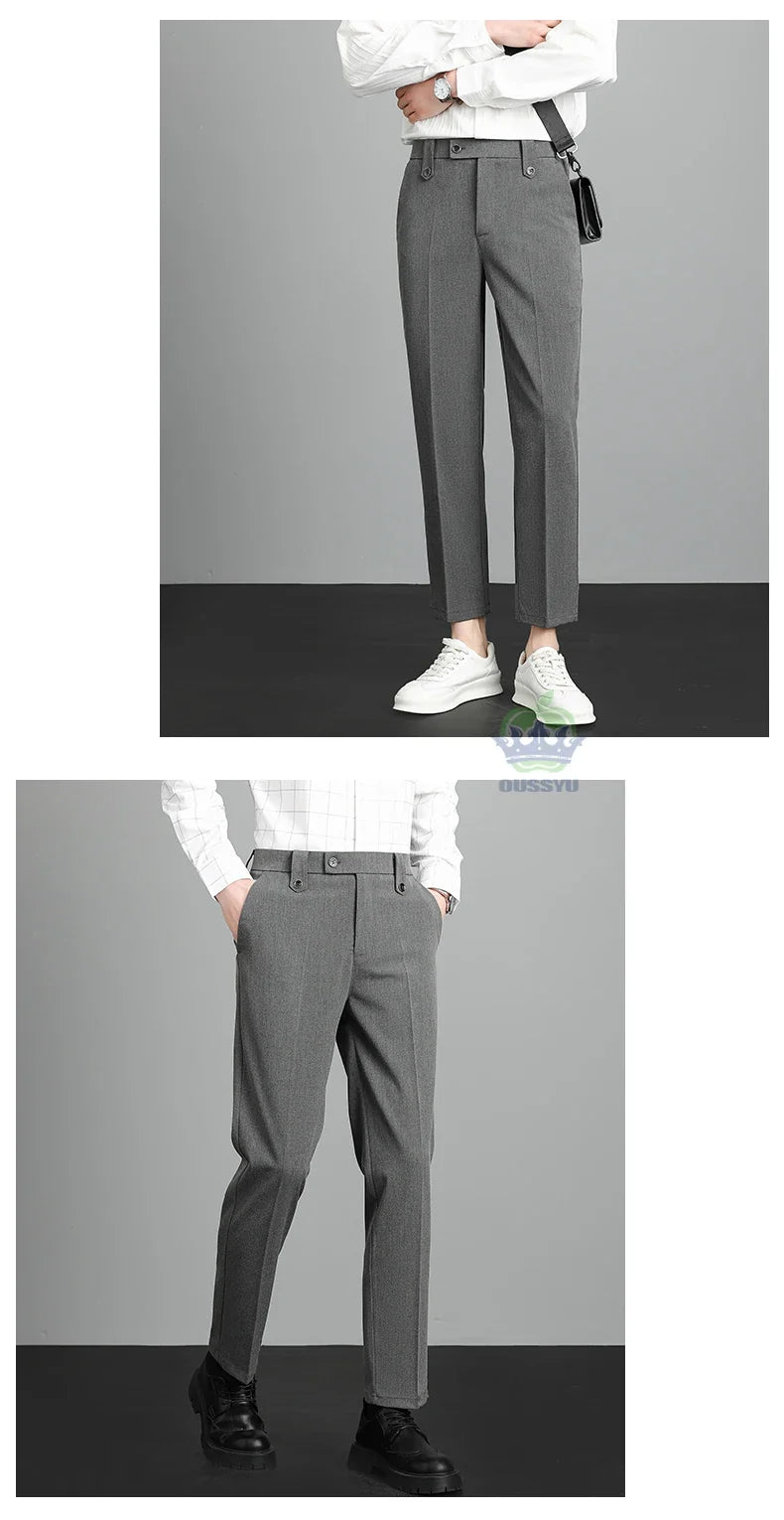 Brand High Quality Business Suit Ankle Length Pants Men Grey Khaki Waist Design Work Office Formal Long Trousers Male