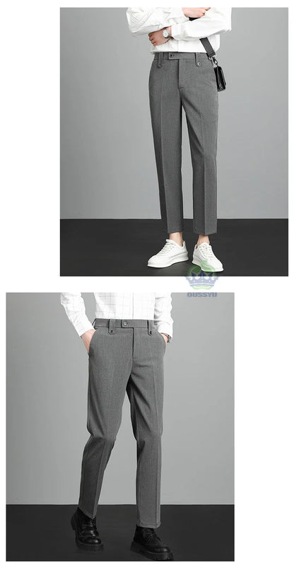 Brand High Quality Business Suit Ankle Length Pants Men Grey Khaki Waist Design Work Office Formal Long Trousers Male