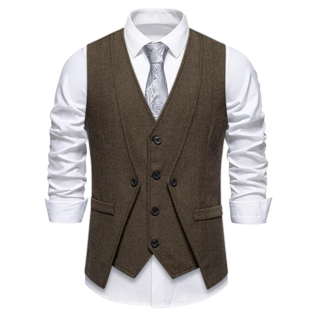 Men Vest Brown Herringbone Single Button V Neck Waistcoat For Wedding Banquet Office Business Work Casual Daily Men Suit Vest