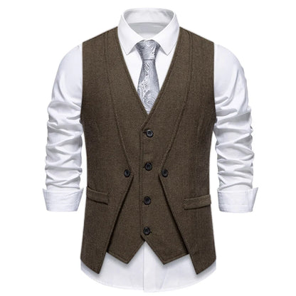 Men Vest Brown Herringbone Single Button V Neck Waistcoat For Wedding Banquet Office Business Work Casual Daily Men Suit Vest