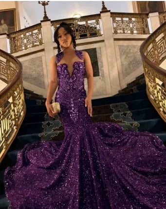 Elegant Gold Diamonds Long Prom Dress Luxury Beads Crystals Sequins Mermaid Birthday Wedding Party Gown Customized