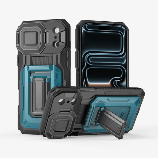 Case For iPhone 17 Pro Max Semi-Automatic Card Slot 3-4 Cards Kickstand Camera Lens Cover Wallet Heavy Duty Rugged Phone Case