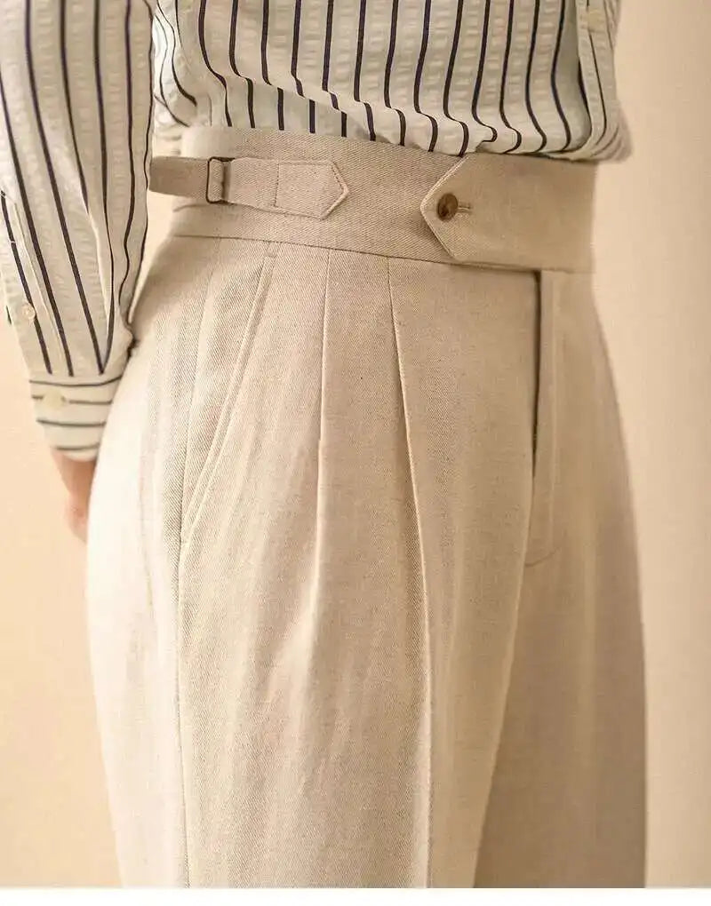 Linen Straight Pant For Men 2024 Summer Business Gentleman Naples Pant Paris Buckle Drape High Waisted Trousers Men Formal Pant