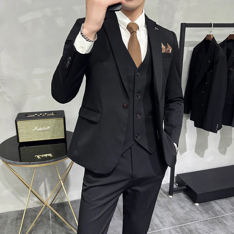 S-7XL Jacket Vest Pants Luxury Elasticity Boutique Fashion Men's Solid Color Casual Business Suit 3-piece Sets Groom Wedding