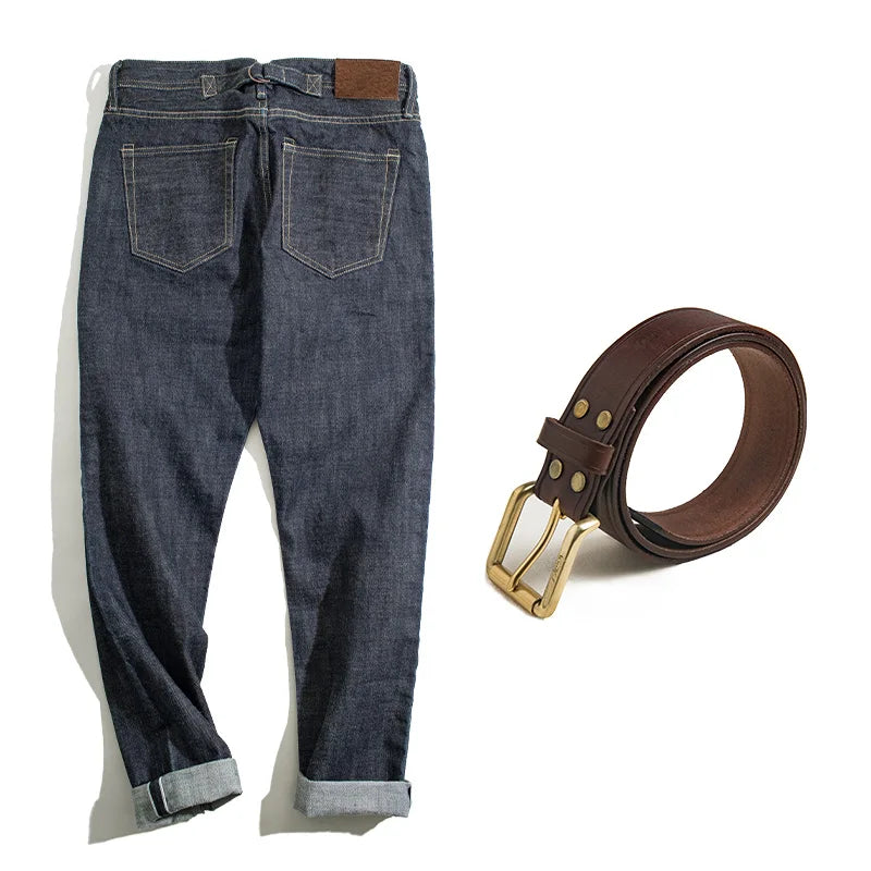 Men's 14oz Raw Selvedge Denim Jeans Vintage Straight Fit Horsehide Leather Patch Paris Buckle Jeans for Autumn and Winter
