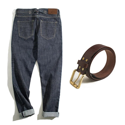 Men's 14oz Raw Selvedge Denim Jeans Vintage Straight Fit Horsehide Leather Patch Paris Buckle Jeans for Autumn and Winter