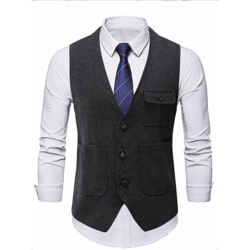 Suit Vest Man Vintage Single-breasted Pocket Male Waistcoat Slim V-neck Sleeveless Business Casual Versatile Men Vest