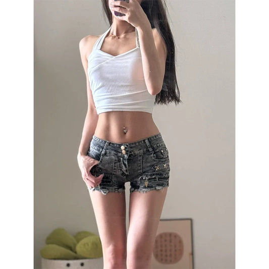 Y2K Denim Shorts Women Streetwear Vintage 90S Sexy Low Waist Rivet Shorts Jeans Summer Harajuku Aesthetic Hot Short Pants