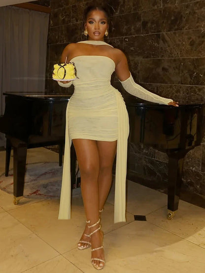 Mesh Simple Mini Dress Fashion Solid Strapless Ribbons Tassel Body-shaping Vestidos+Seperately Full Sleeve Gloves