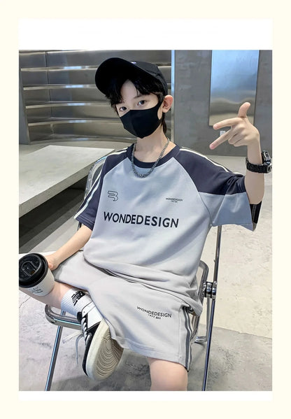 Summer Boys Cotton Loose Contrast Alphabet T-Shirt Tops+Shorts Pant School Kids Tracksuit Child 2PCS Outfit Workout Set 5-16 Yr
