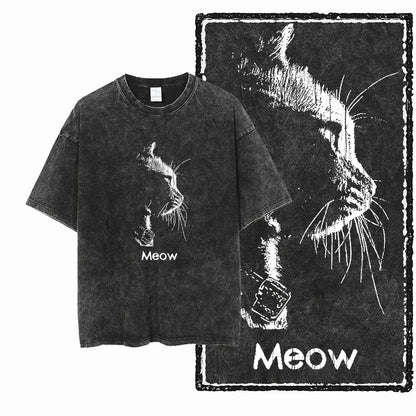Cat Printed Cotton Acid Washed Exclusive Graphic Unisex T Shirt Cool Streetwear Men Tshirts Big Size Tee for Men
