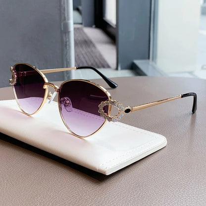 2026 Women Elegant Oval Metal Frame Cat Eye Sunglasses Hollow Rhinestone Wreath Temple UV Protection Gradient Lens Sun Shades