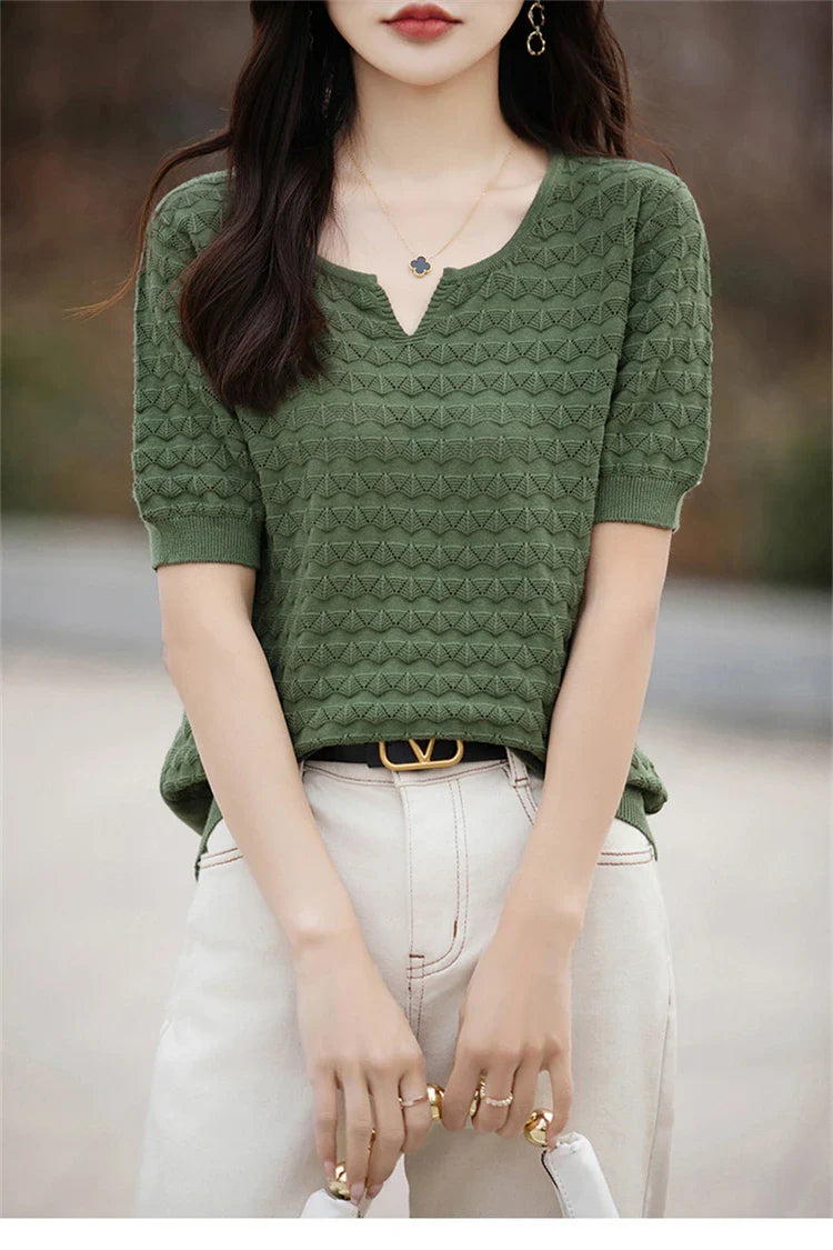 Women's T-shirt Summer New 100% Pure Cotton Tees Casual Solid Knitted Short sleeved V-neck Pullover Loose Tops Fashion Sweater