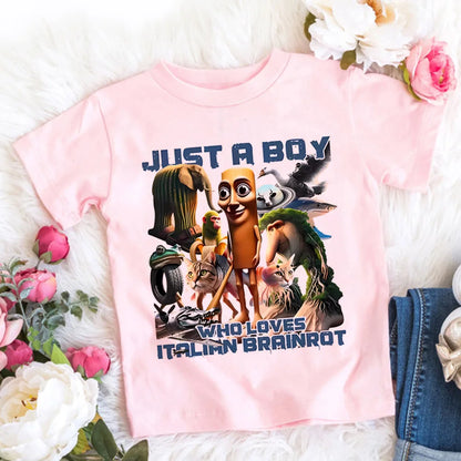 Italian Brainrot T-Shirt Kids Cartoon Anime Print Clothes Round Neck Basic Boys Tops Absorbent Casual Shirts Gift