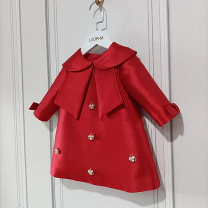 New Girls Western Style Long-Sleeved RedAWord PrincessAExpansion Skirt Handmade Pearl Diamond Dress Skirt