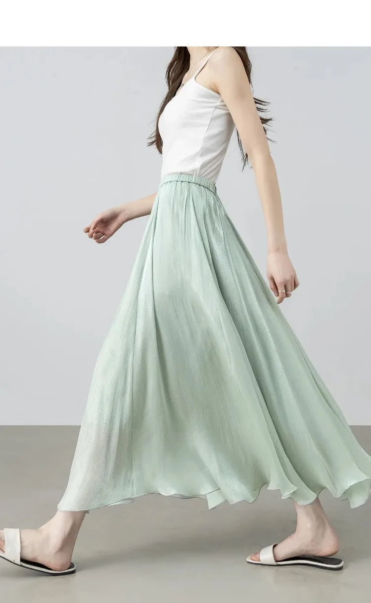 Women's Gray Elegant Skirt 2026 Summer Elastic Waist Sheen Flowy A Line Long Skirt for Woman Ladies Clothes 162QG4909
