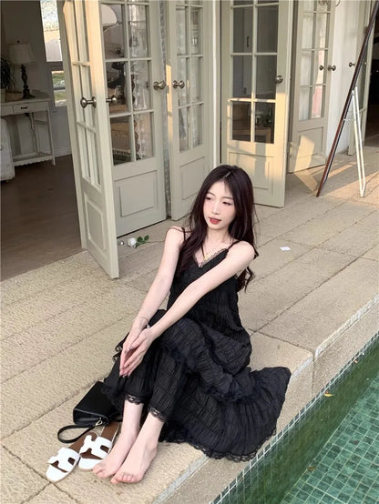 Summer Befree Long Vintage Casual Ruffles Elegant Maxi Strap Camis Silky Beach Lace Elegant Party Dress Vestidos Sexy Women