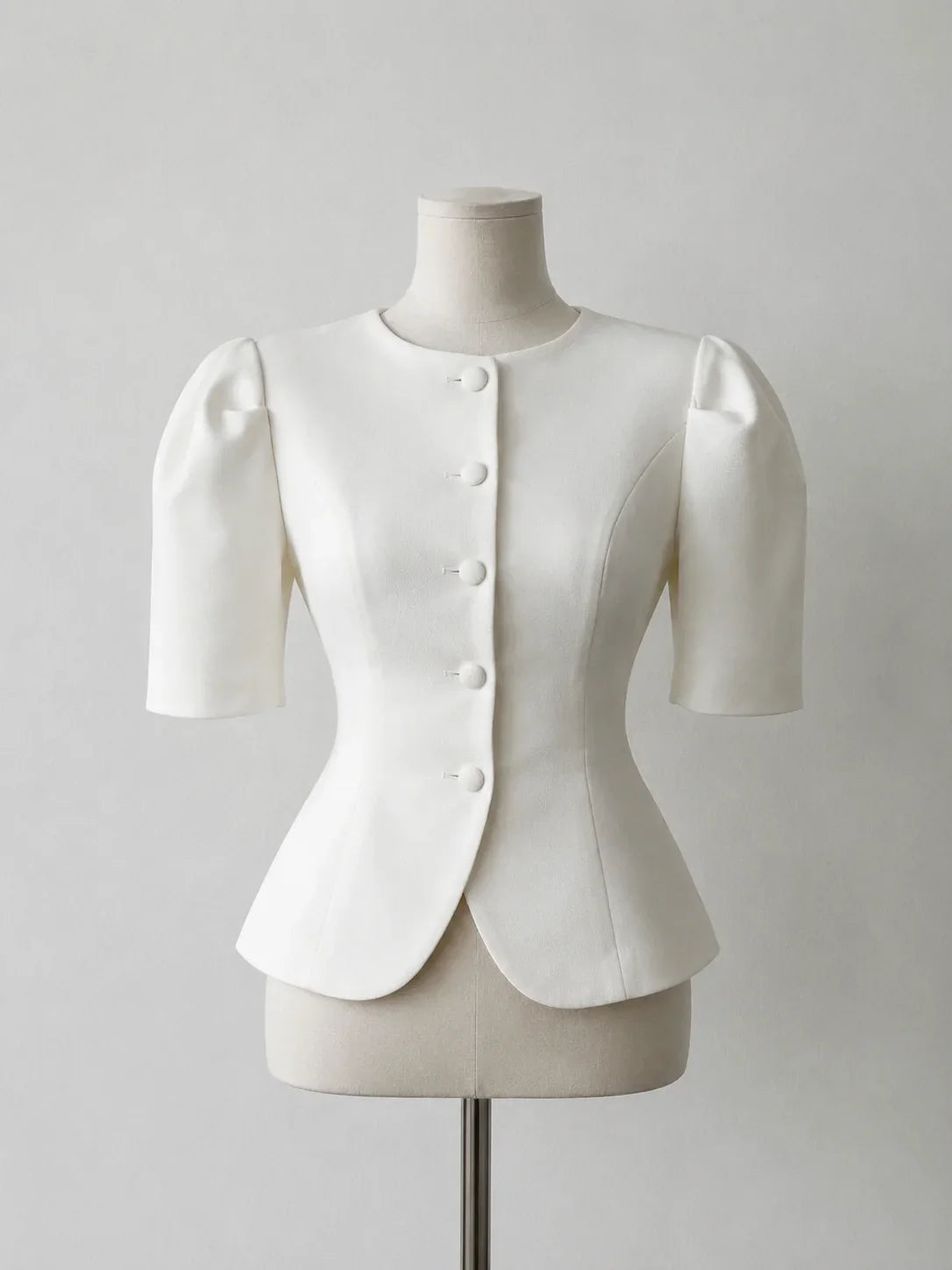 KT Elegant Satin Puff Sleeve Blouse for Women Round Neck Button Down Fitted Waist Asymmetric Hem Office & Formal Wear Tops