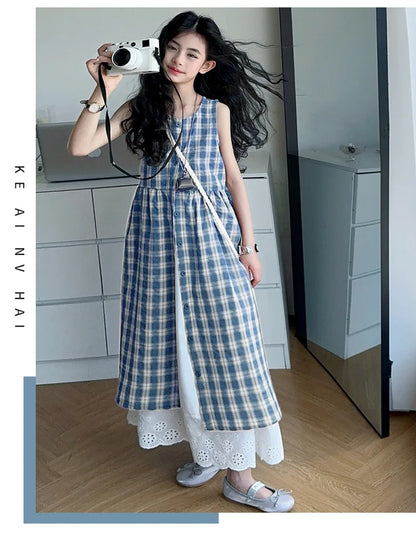 Summer Girls Retro Red Plaid Vest Dress 2-Piece Set Thin French Style Strappy Sundress Casual Vacation Outfit Teen Kids Clothes