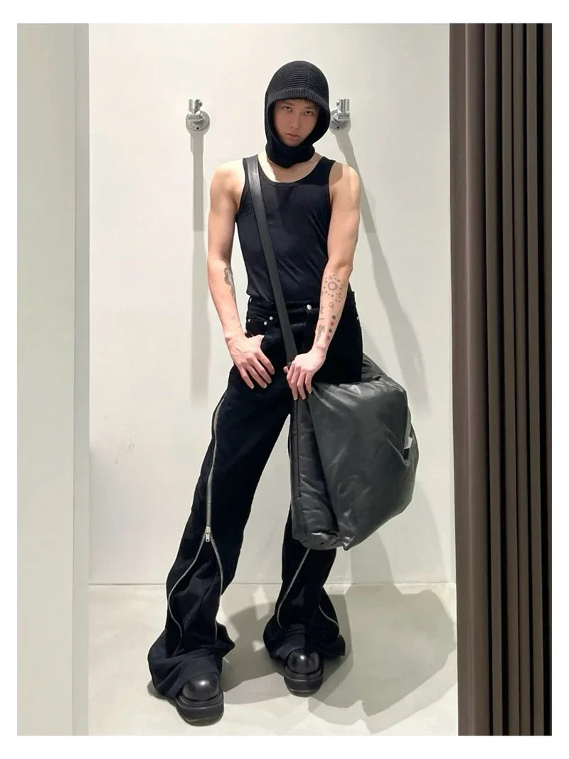 High Street RO Style Jeans Pants Men's Five Star Mang Ribbon Rotating Large Zipper Floor Pulling Horn Denim Streetwear Pants