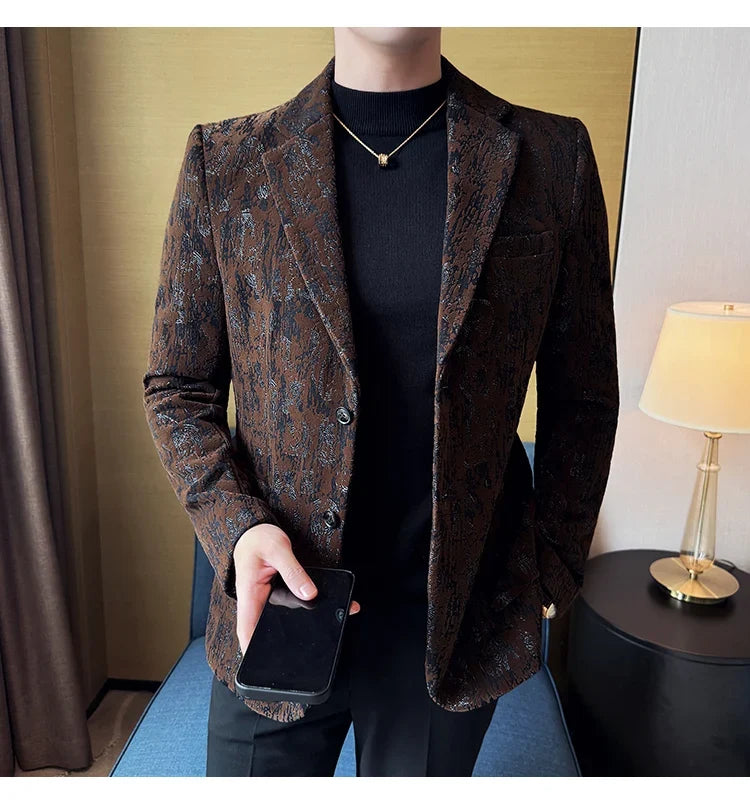 High Quality Plush Jacquard fashion Suit Jacket  Korean Version Slim Fit Business Retro Casual Social Wedding Suit Blazer 5XL-M